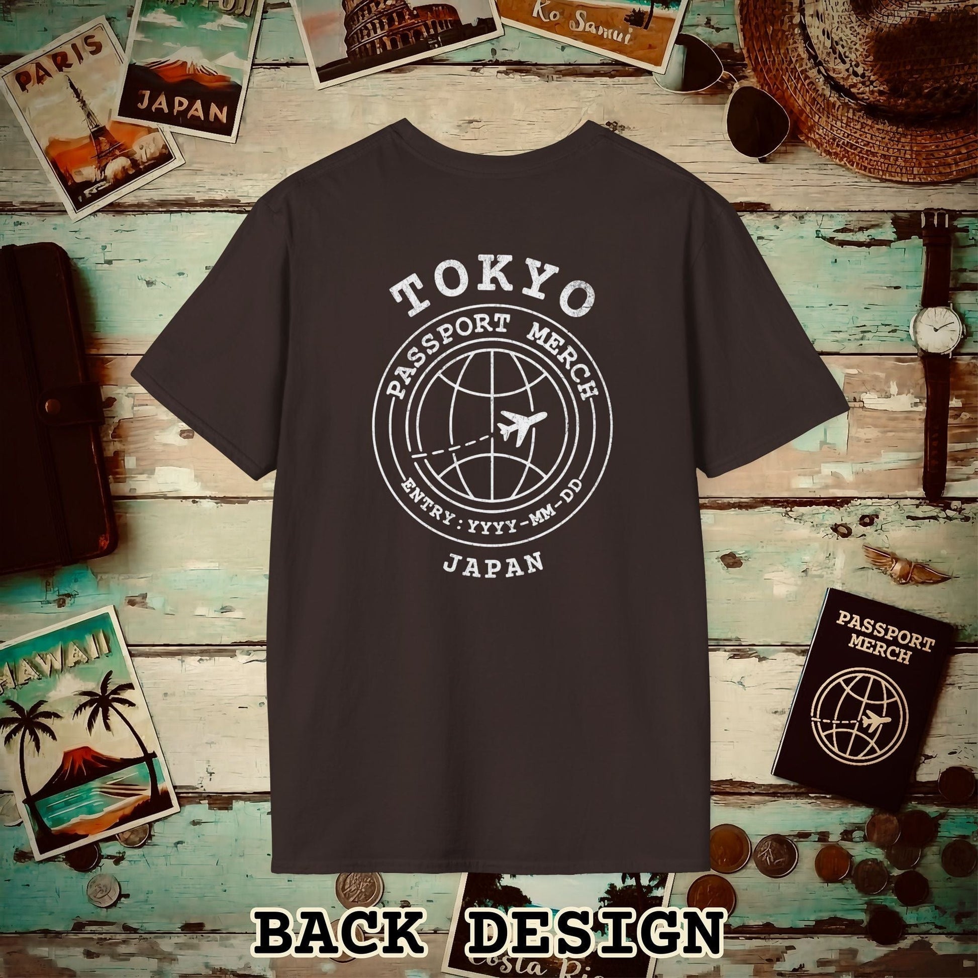 Brand Passport Stamp, Tokyo Japan, Back Print T-Shirt Dark Chocolate / S