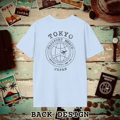 Brand Passport Stamp, Tokyo Japan, Back Print T-Shirt Light Blue / S
