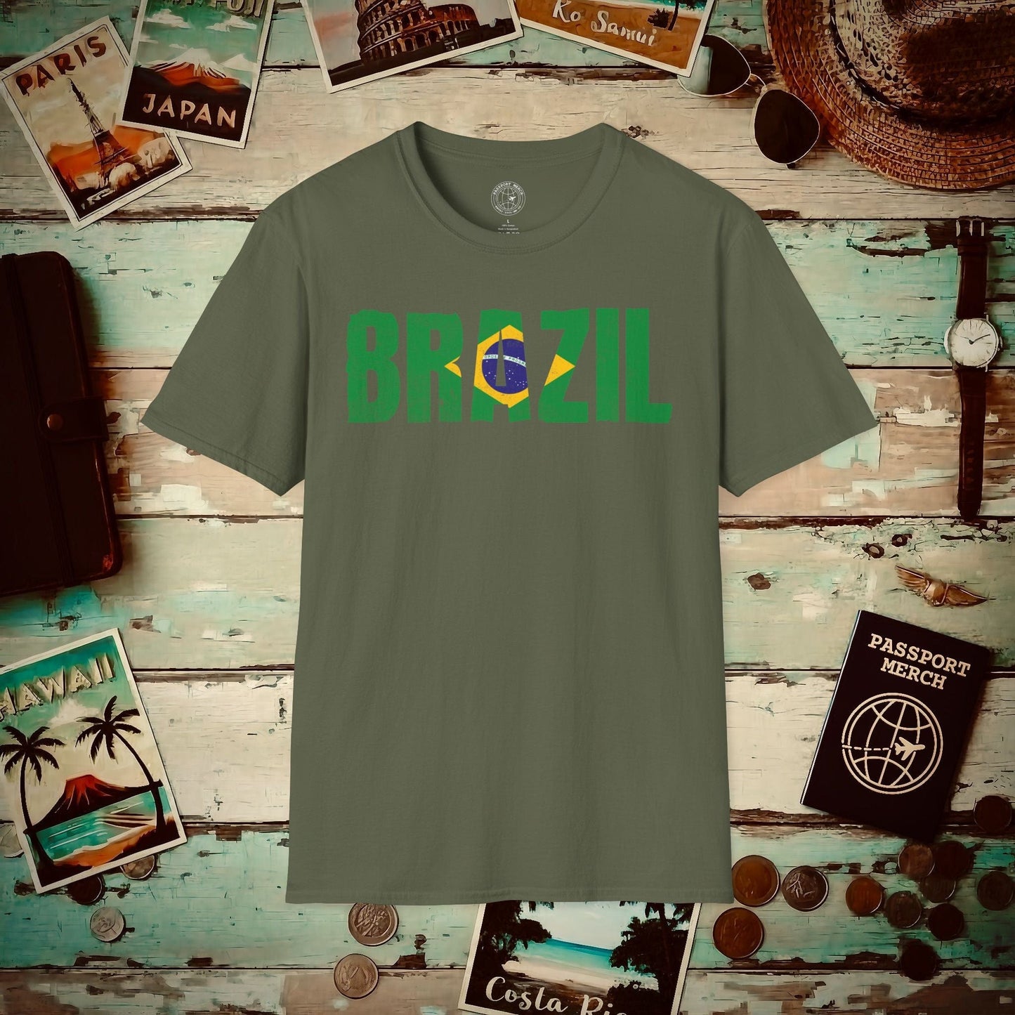 Brazil Patriotism Letter Flag T-Shirt Military Green / S