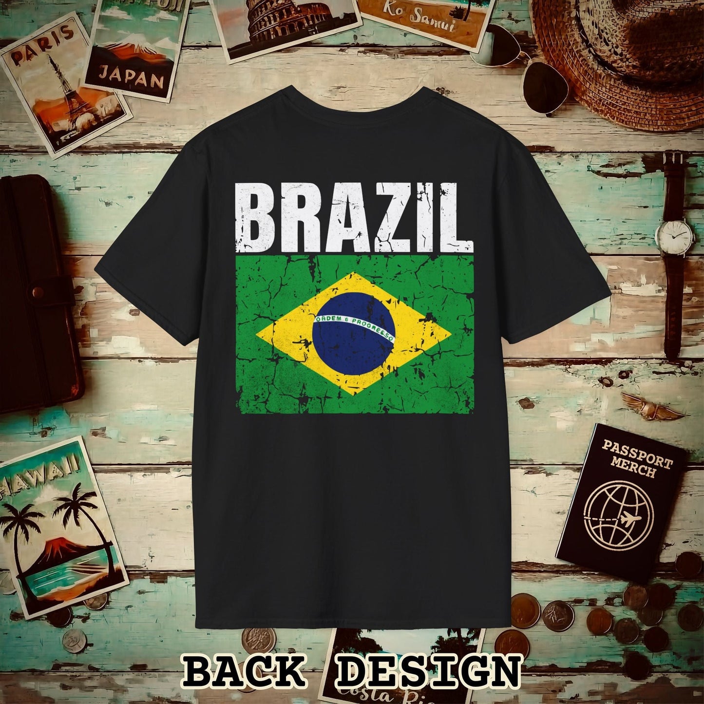 Brazil Vintage Flag Back Print T-Shirt Black / S
