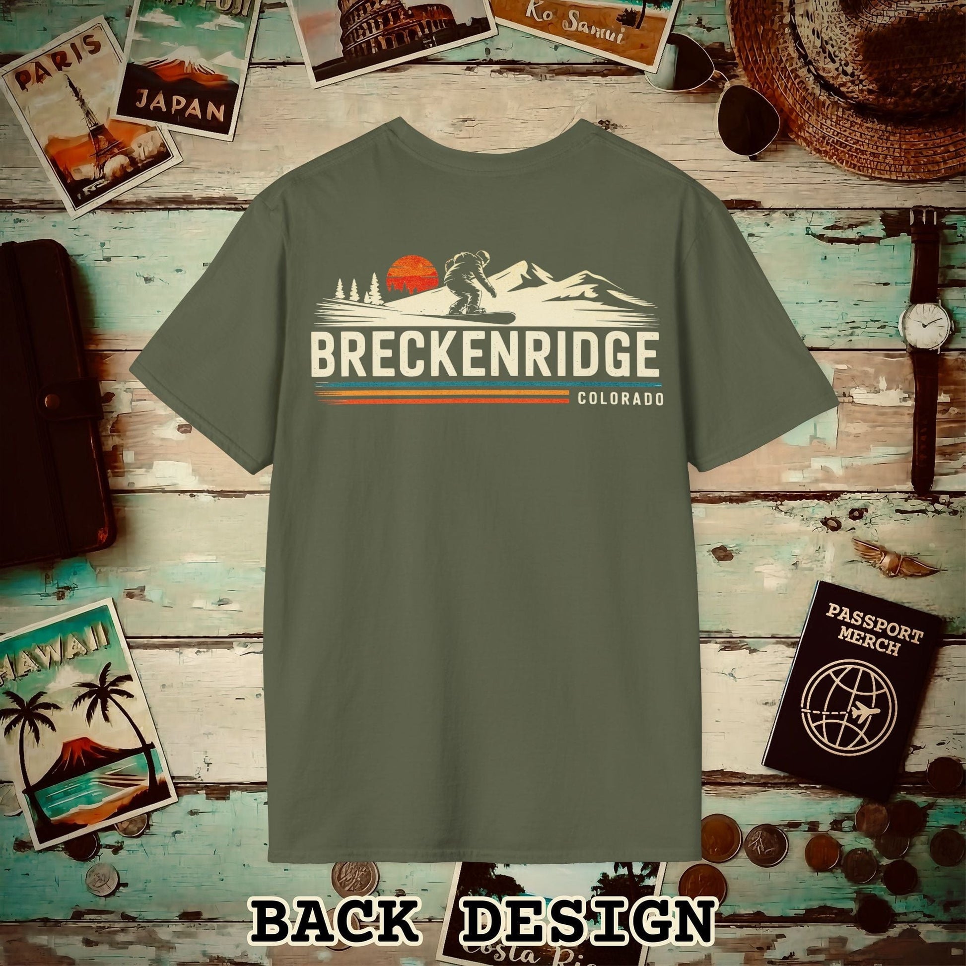 Breckenridge Colorado - Vibrant Ski Retro Back Print T-Shirt Military Green / S