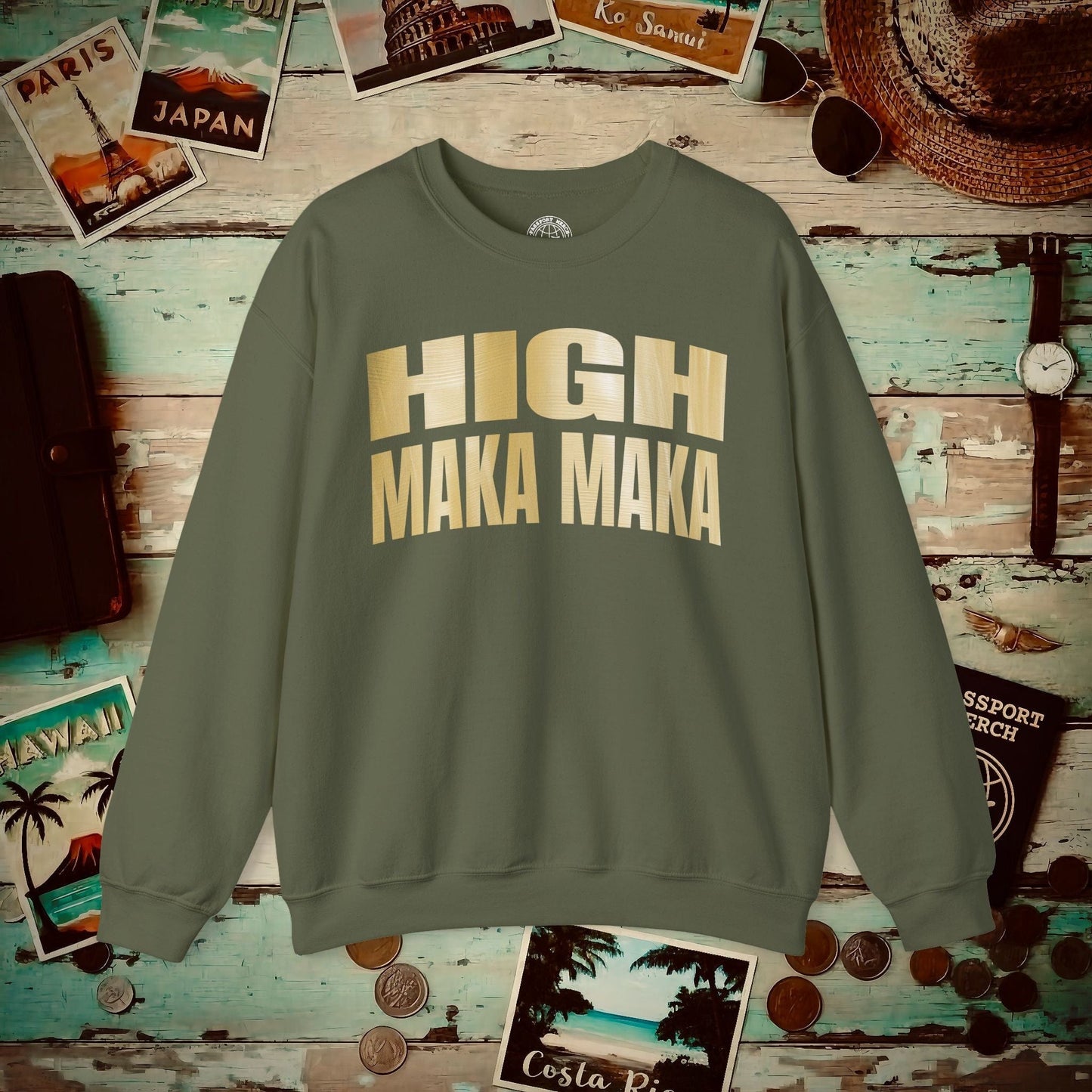 Bullion Gold High Maka Maka, Hawaii Crewneck Military Green / S