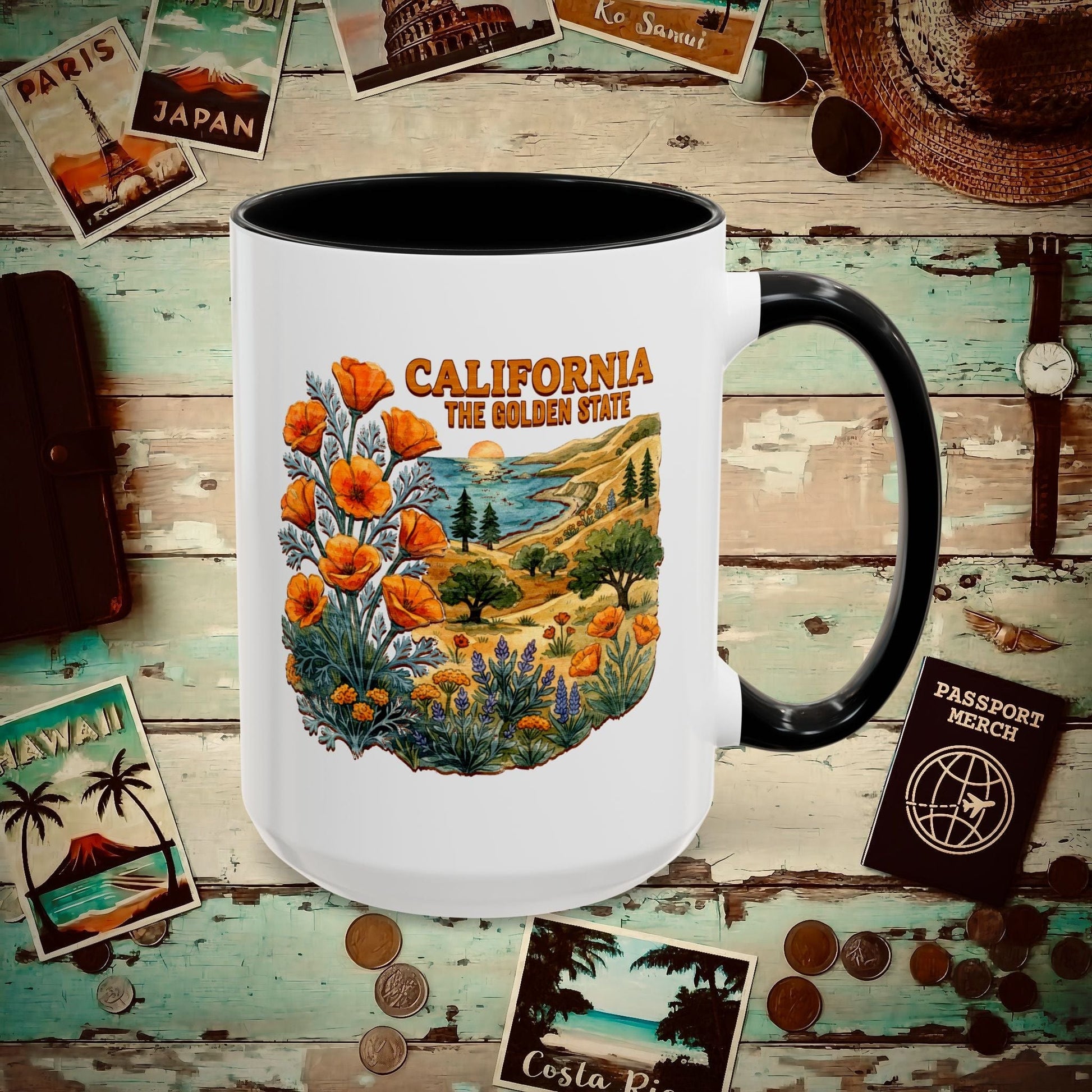California Flowers in Watercolored Oak 15oz Mug Black / 15oz