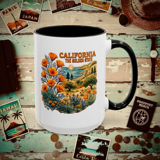 California Flowers in Watercolored Oak 15oz Mug Black / 15oz