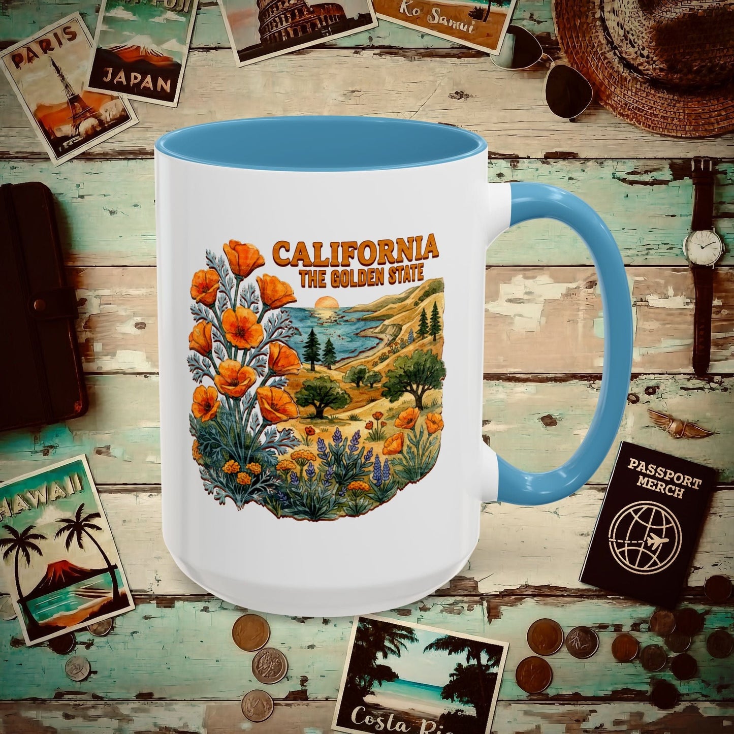 California Flowers in Watercolored Oak 15oz Mug Light Blue / 15oz
