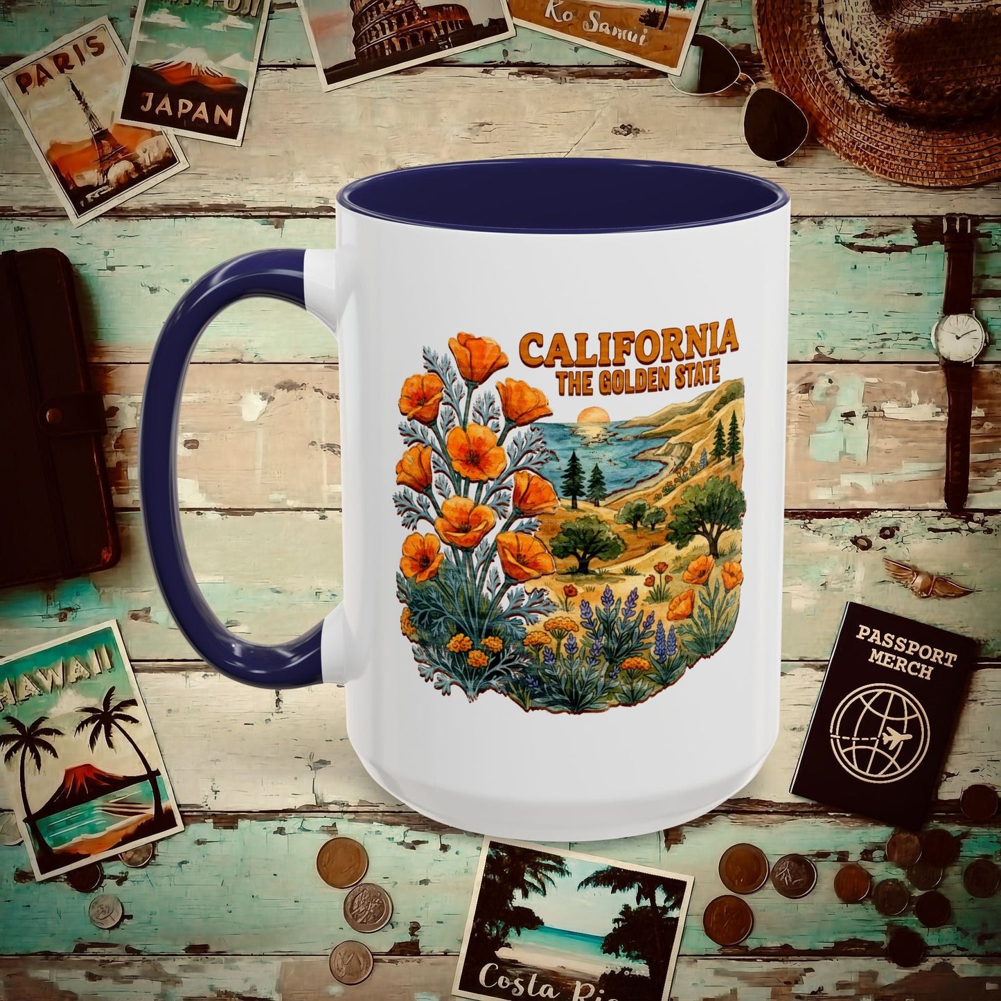 California Flowers in Watercolored Oak 15oz Mug Navy / 15oz