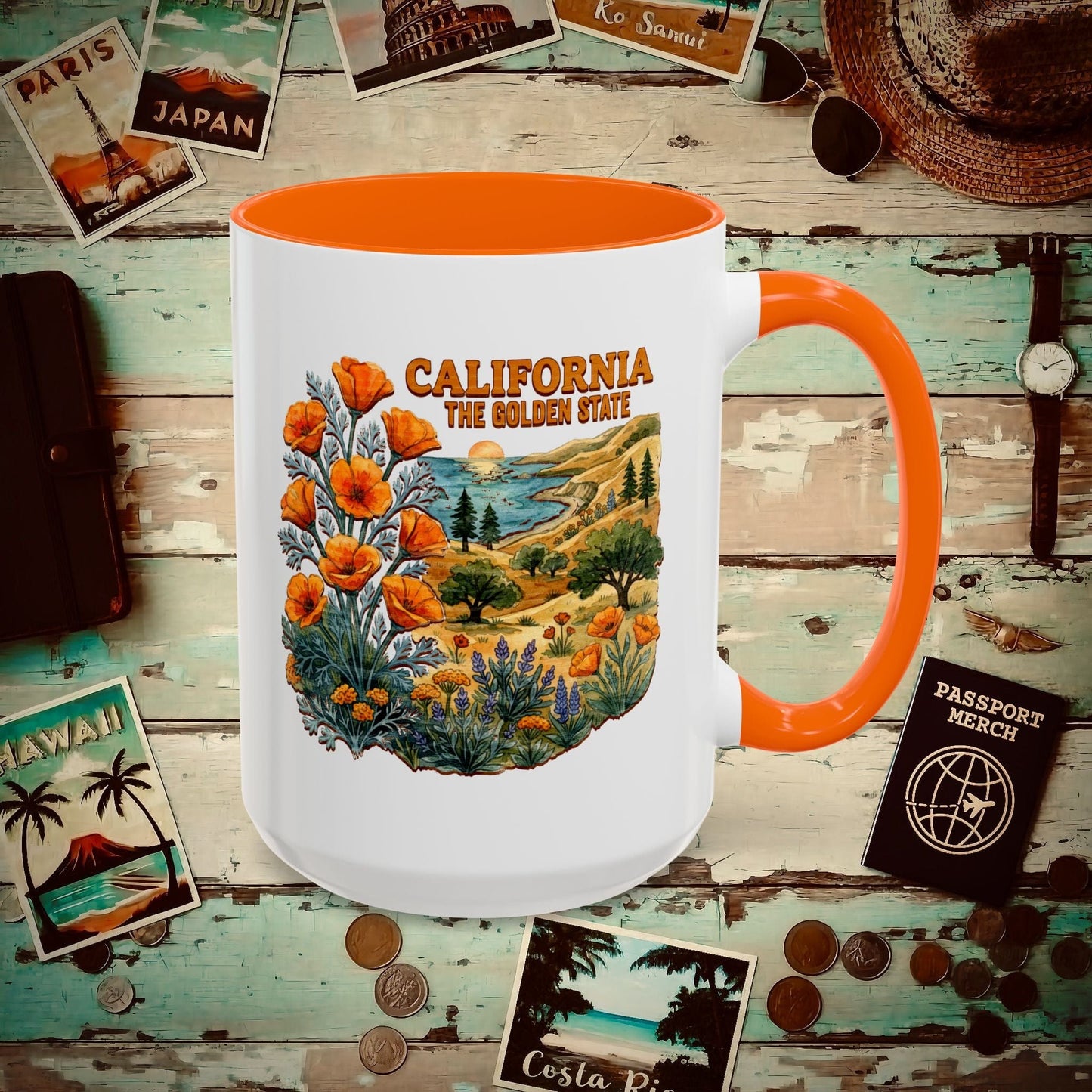 California Flowers in Watercolored Oak 15oz Mug Orange / 15oz