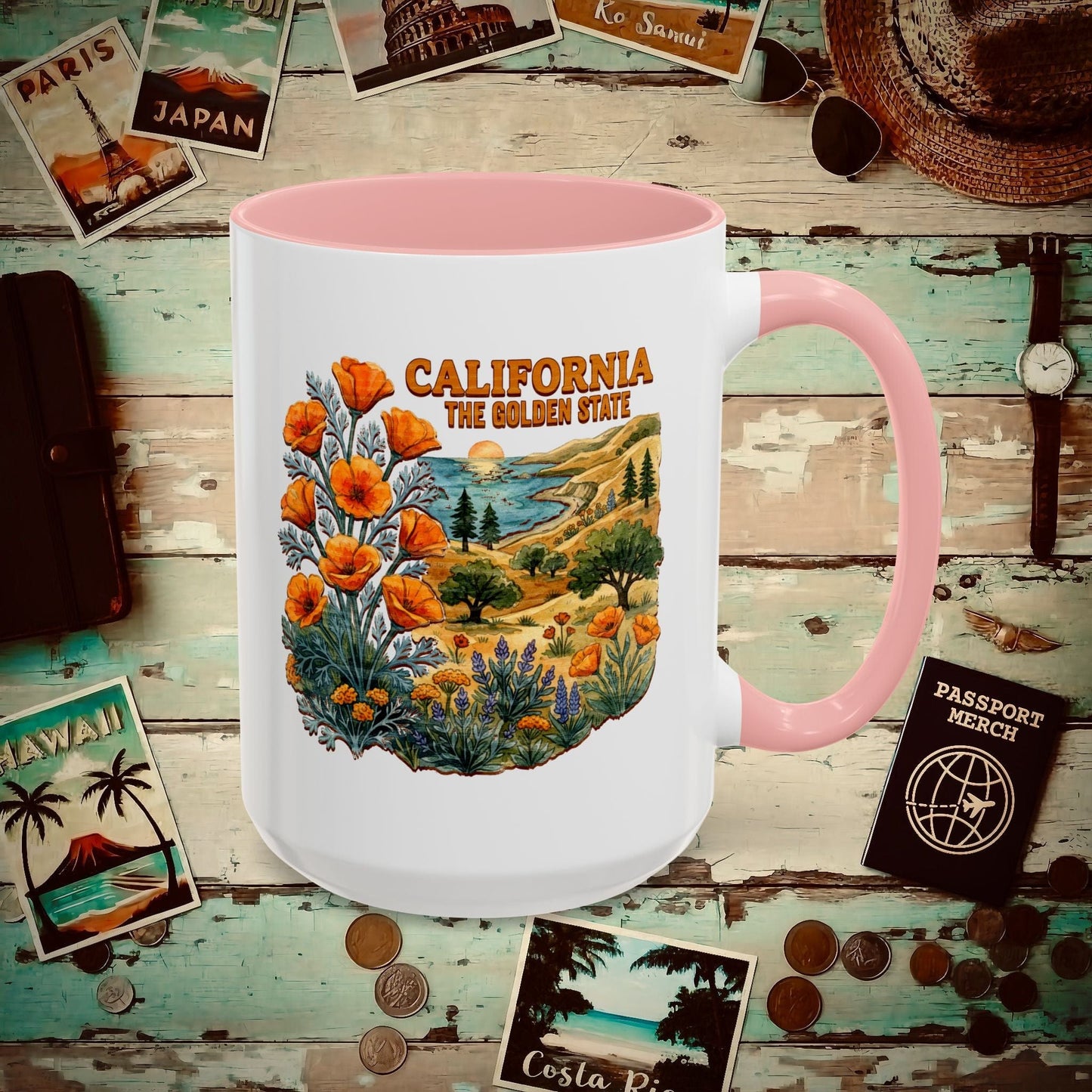 California Flowers in Watercolored Oak 15oz Mug Pink / 15oz