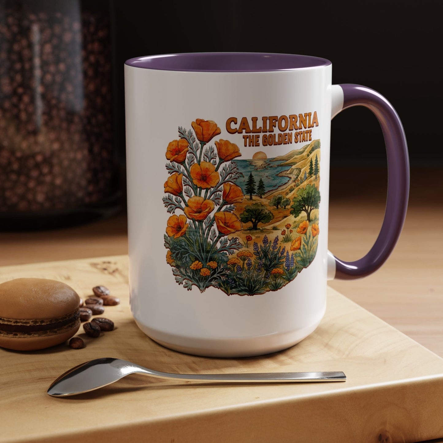 California Flowers in Watercolored Oak 15oz Mug Purple / 15oz