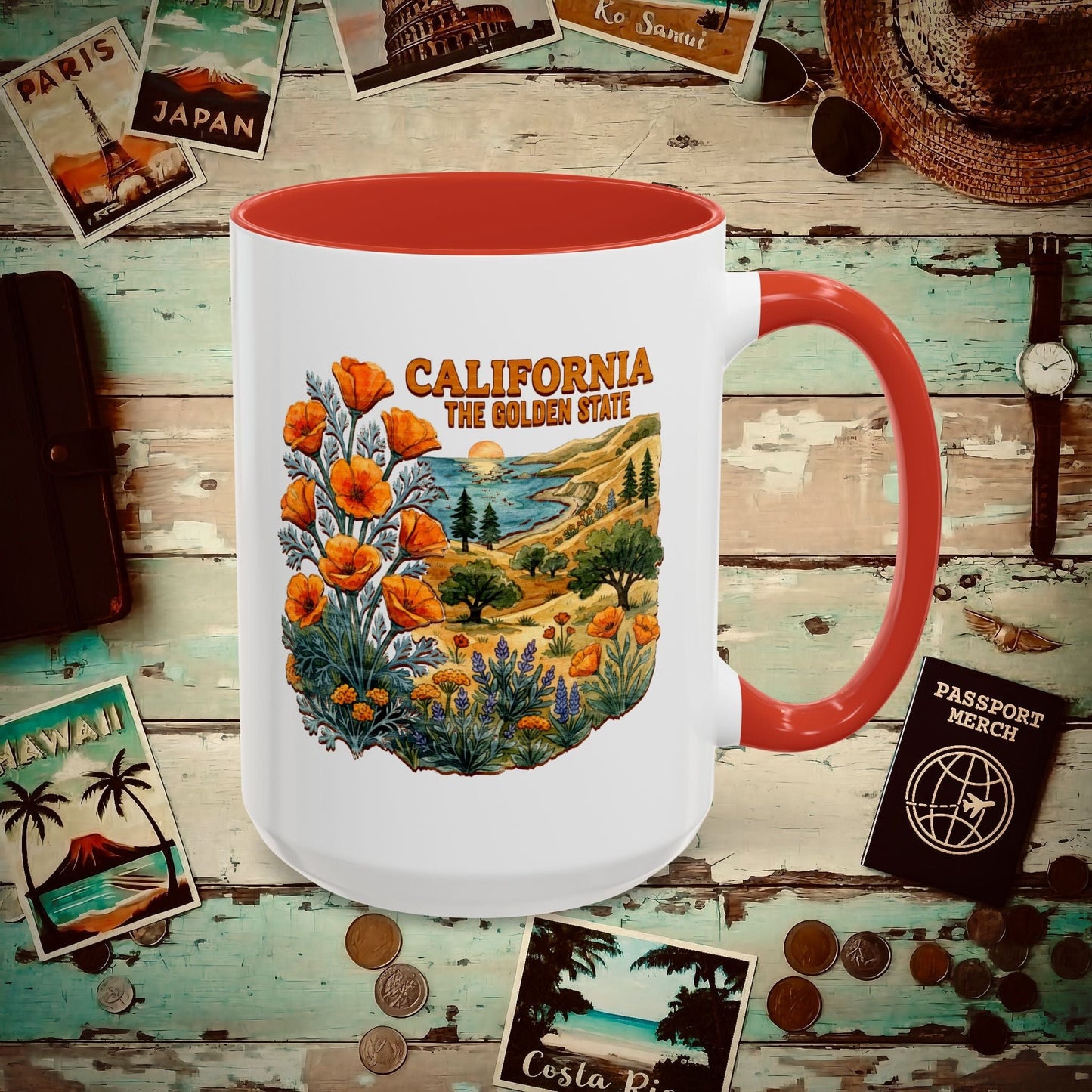 California Flowers in Watercolored Oak 15oz Mug Red / 15oz