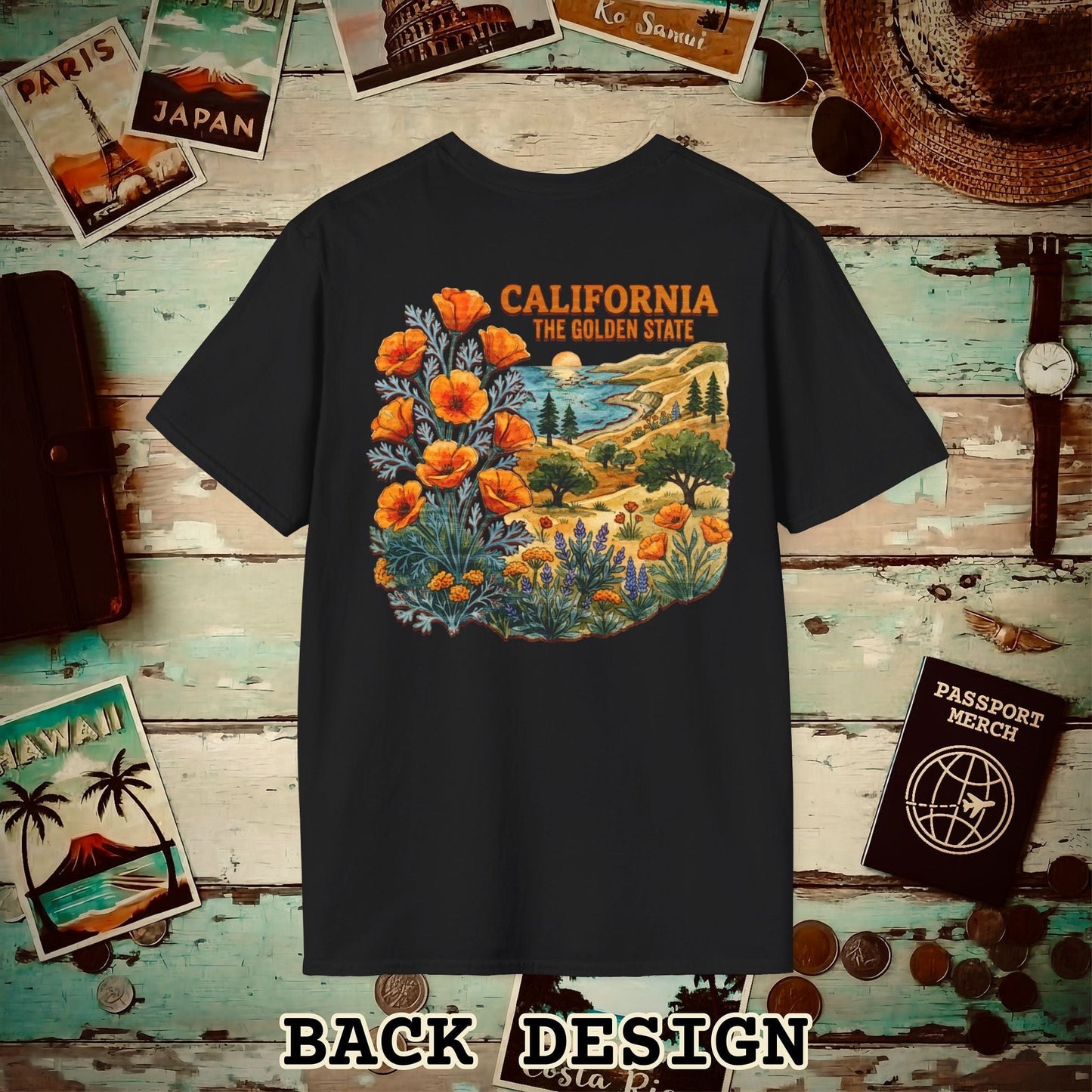 California Flowers in Watercolored Oak Back Print T-Shirt Black / S