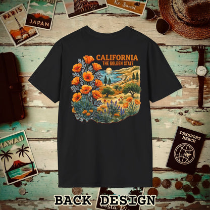 California Flowers in Watercolored Oak Back Print T-Shirt Black / S