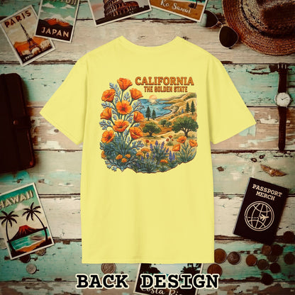 California Flowers in Watercolored Oak Back Print T-Shirt Cornsilk / S