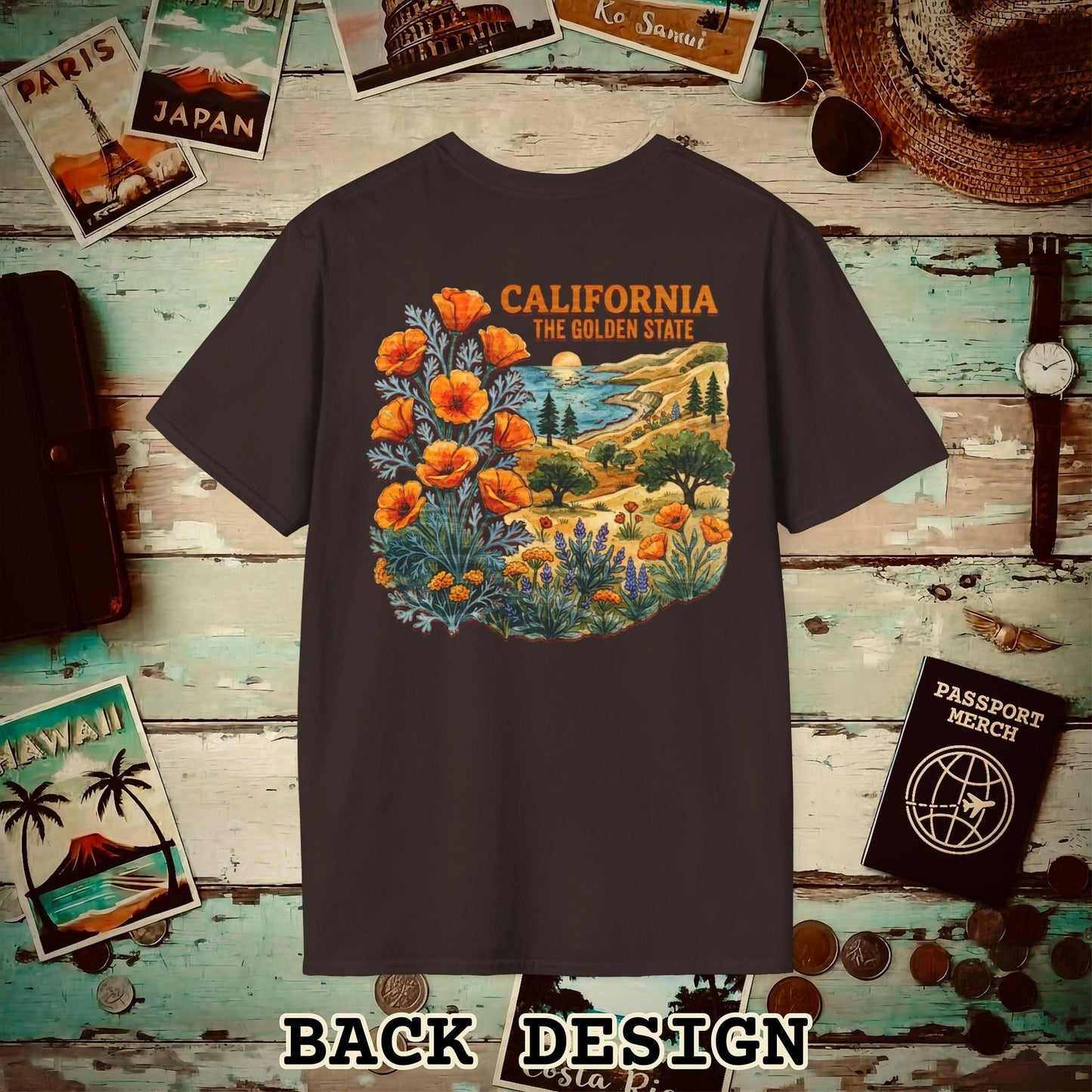 California Flowers in Watercolored Oak Back Print T-Shirt Dark Chocolate / S