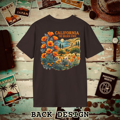 California Flowers in Watercolored Oak Back Print T-Shirt Dark Chocolate / S