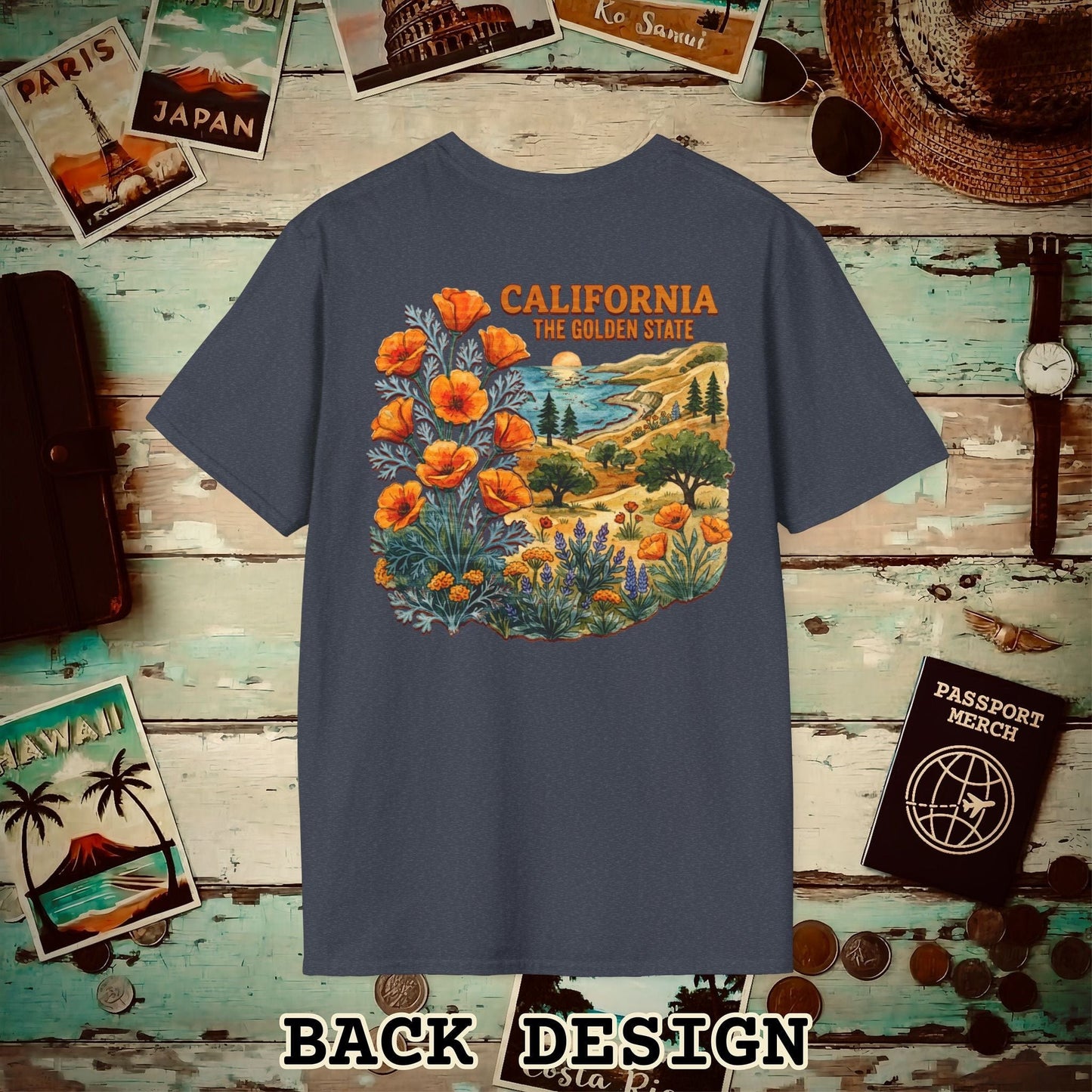 California Flowers in Watercolored Oak Back Print T-Shirt Heather Navy / S