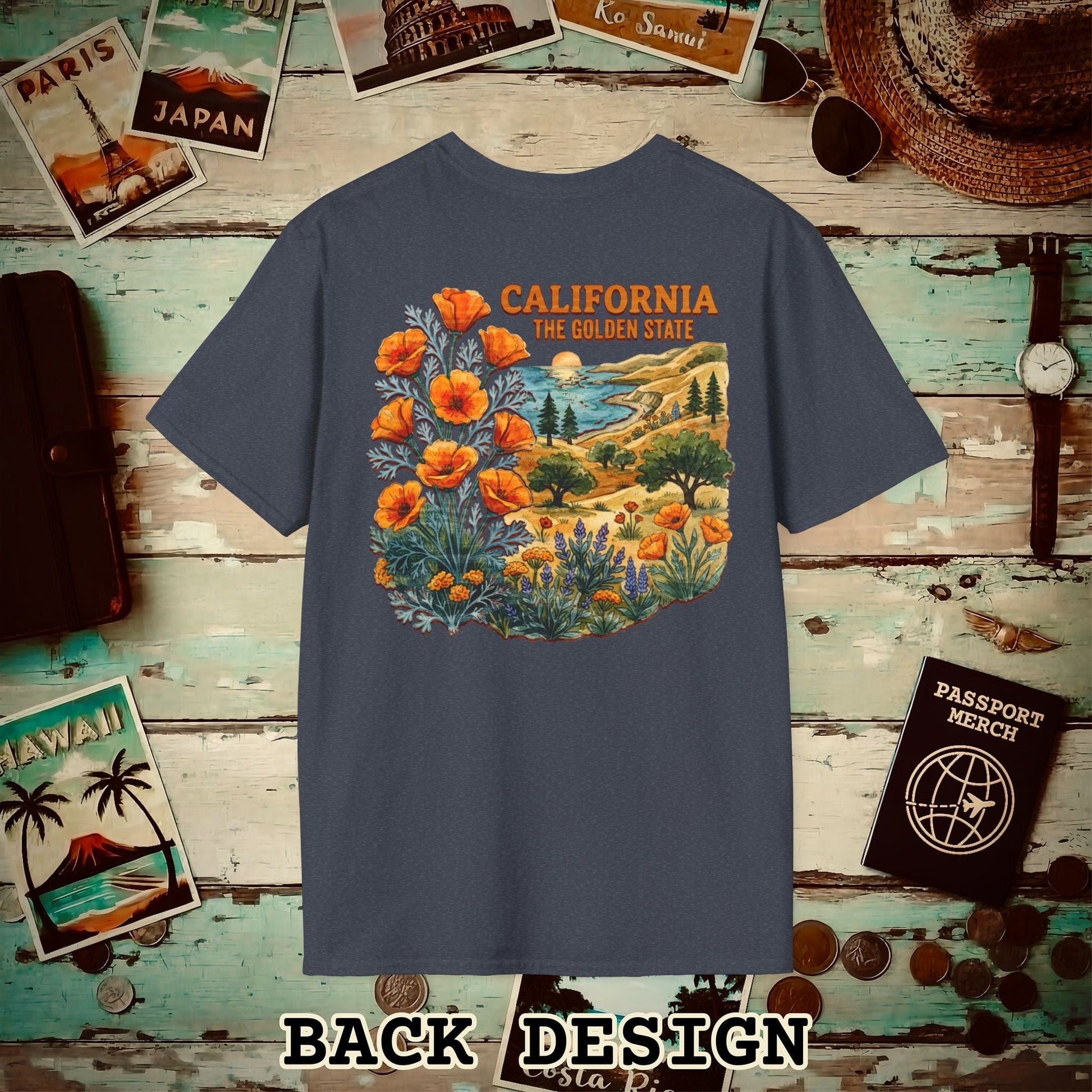 California Flowers in Watercolored Oak Back Print T-Shirt Heather Navy / S