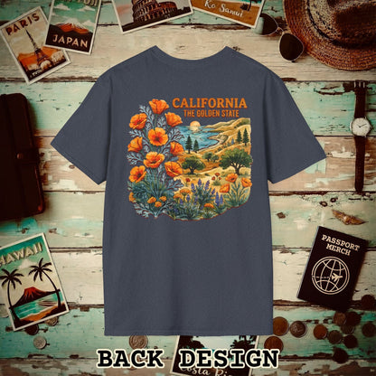 California Flowers in Watercolored Oak Back Print T-Shirt Heather Navy / S