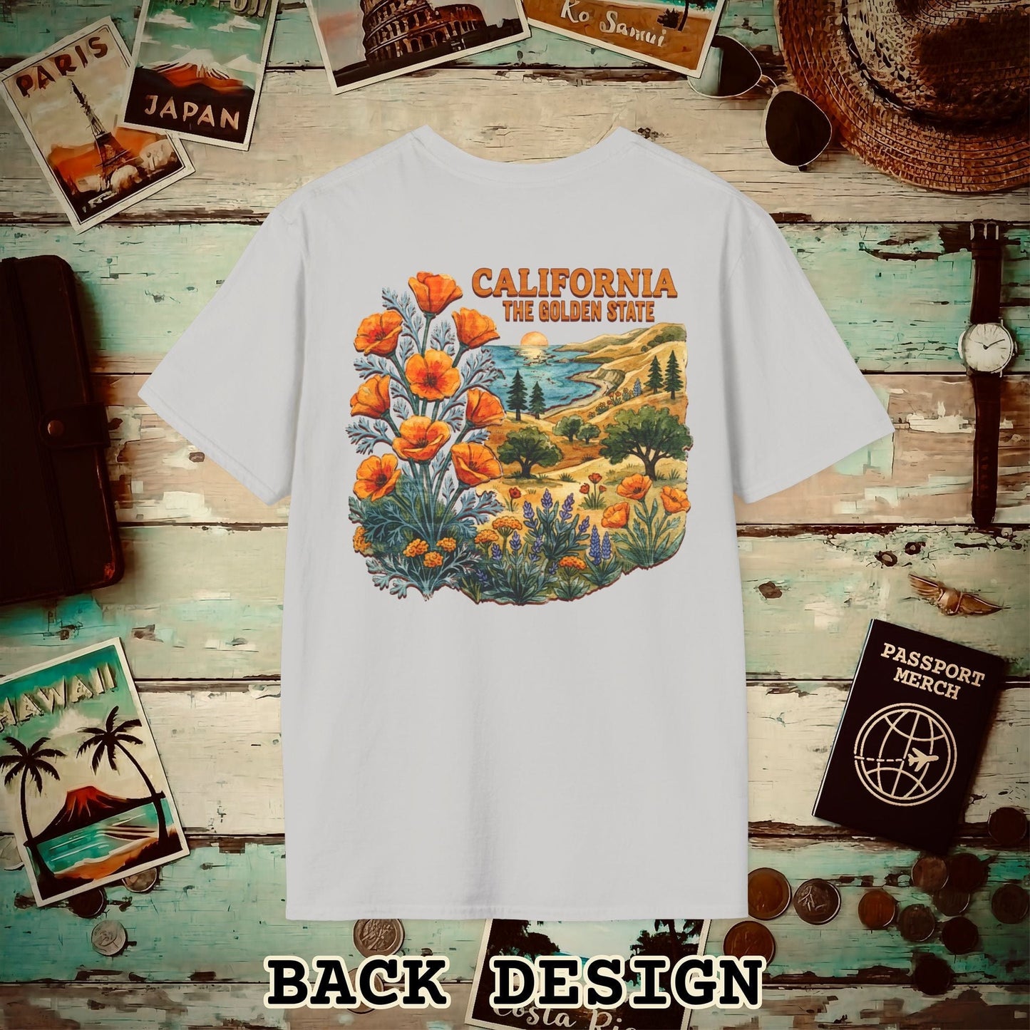 California Flowers in Watercolored Oak Back Print T-Shirt Ice Grey / S