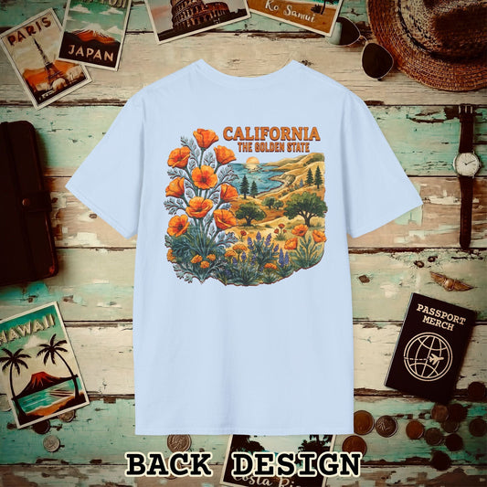 California Flowers in Watercolored Oak Back Print T-Shirt Light Blue / S