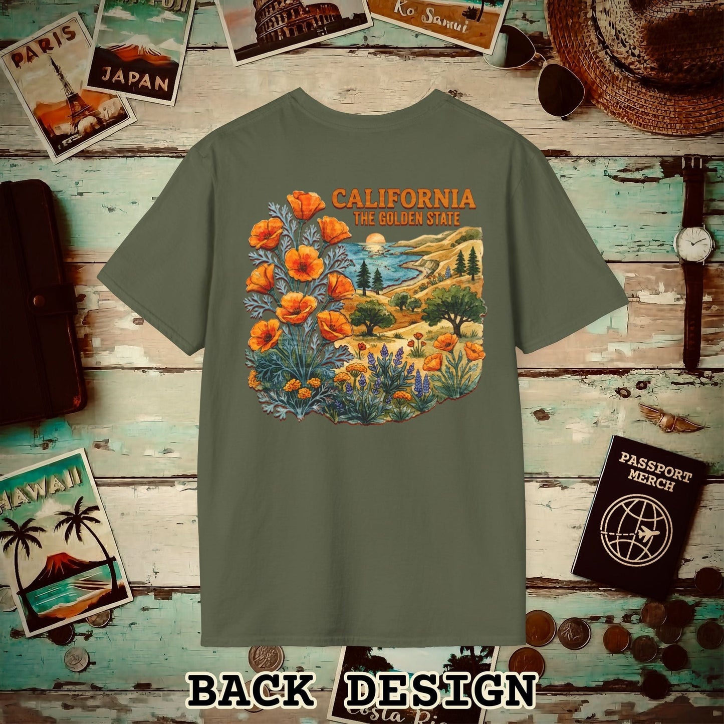 California Flowers in Watercolored Oak Back Print T-Shirt Military Green / S