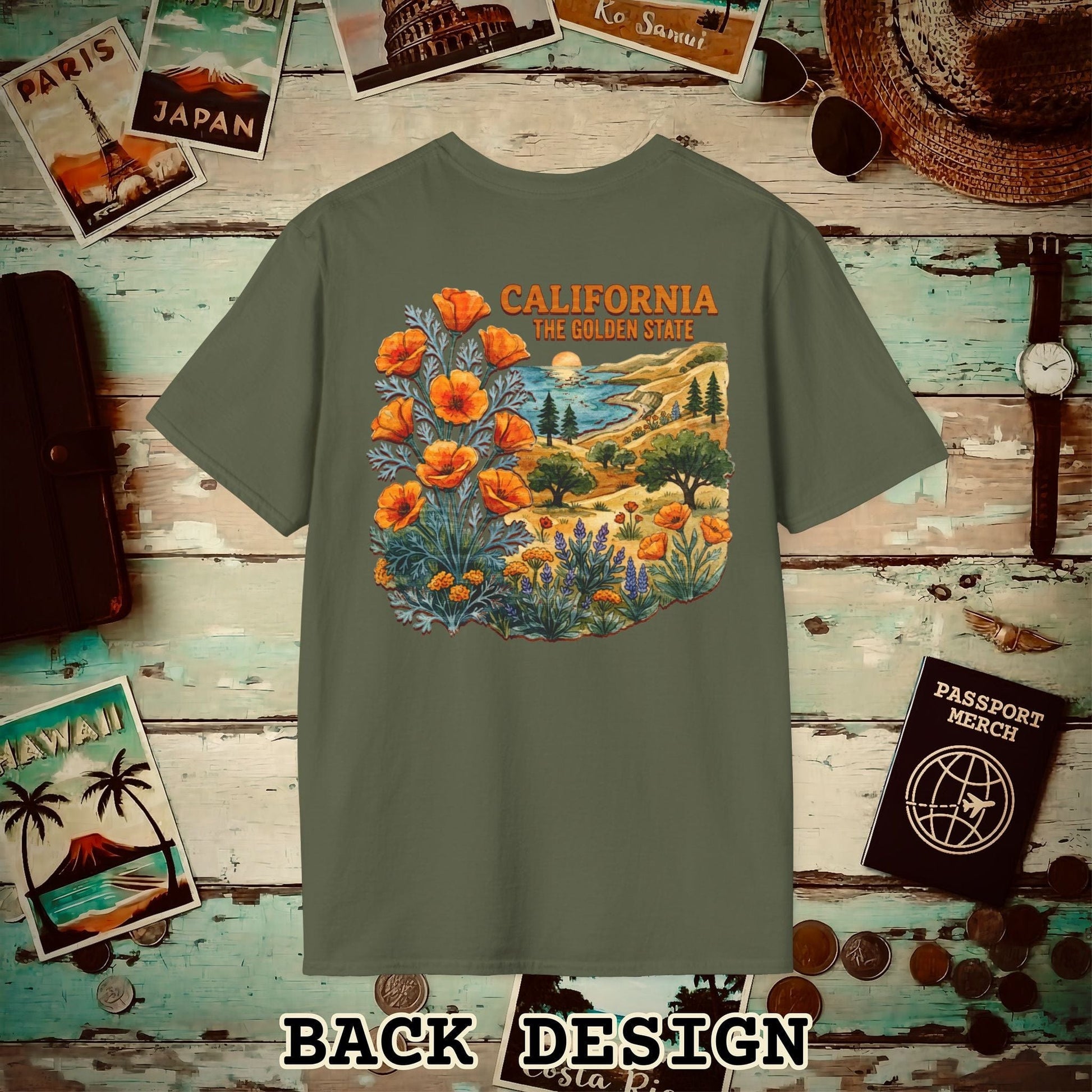 California Flowers in Watercolored Oak Back Print T-Shirt Military Green / S