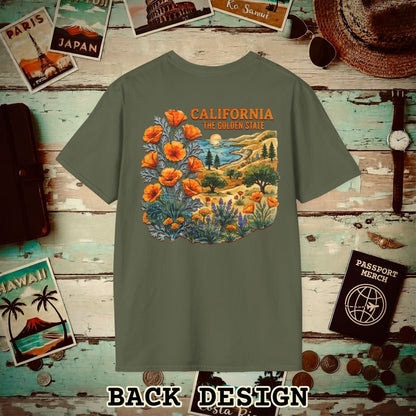 California Flowers in Watercolored Oak Back Print T-Shirt Military Green / S
