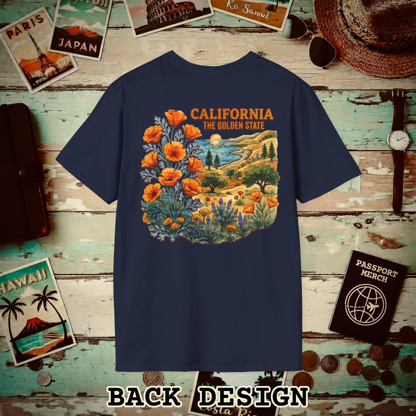 California Flowers in Watercolored Oak Back Print T-Shirt Navy / S