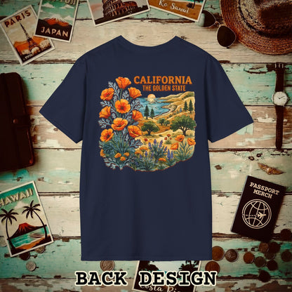 California Flowers in Watercolored Oak Back Print T-Shirt Navy / S