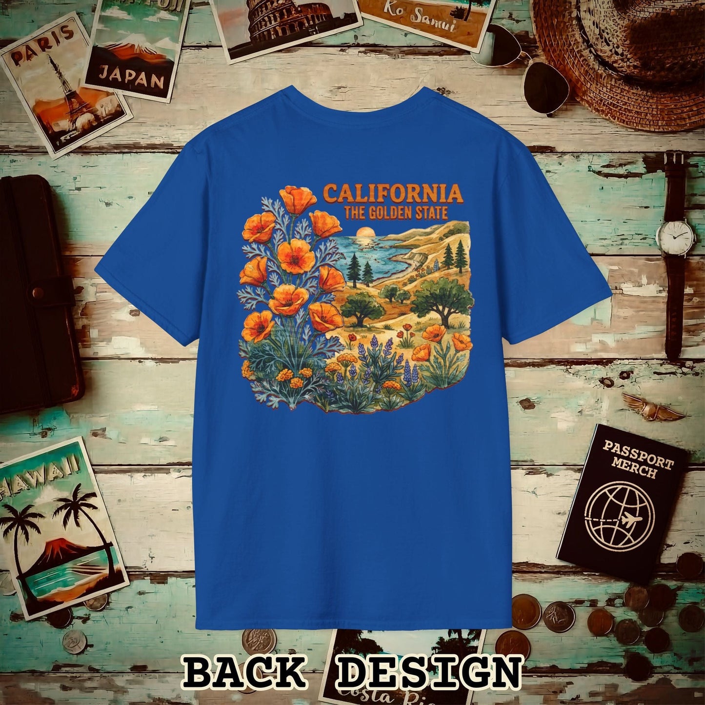 California Flowers in Watercolored Oak Back Print T-Shirt Royal / S