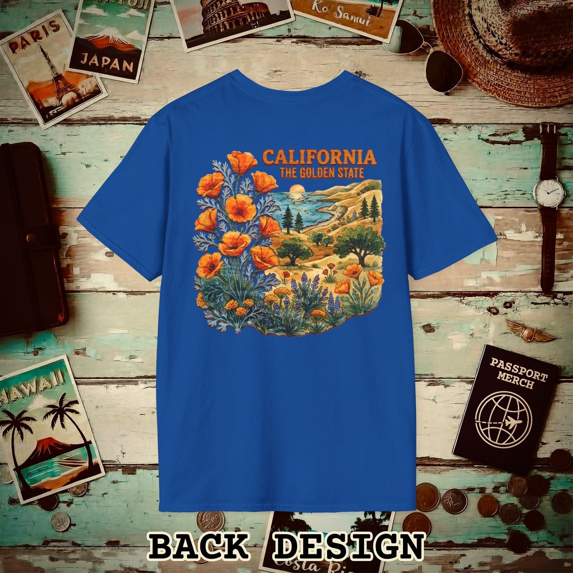 California Flowers in Watercolored Oak Back Print T-Shirt Royal / S