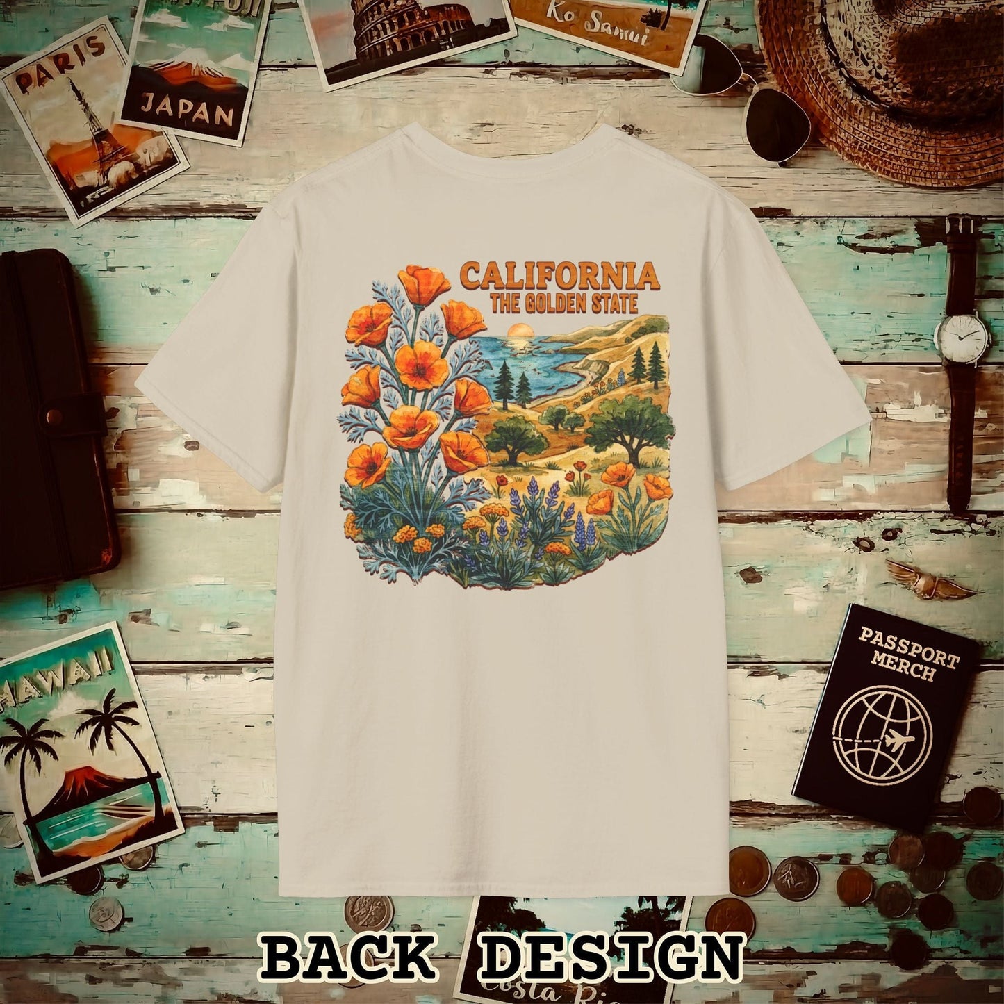 California Flowers in Watercolored Oak Back Print T-Shirt Sand / S