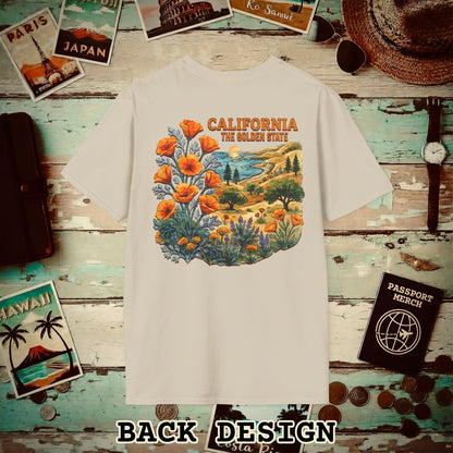 California Flowers in Watercolored Oak Back Print T-Shirt Sand / S