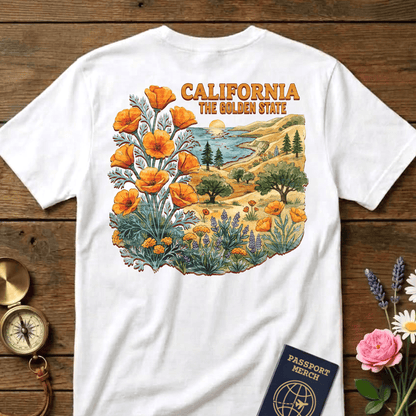 California Flowers in Watercolored Oak Back Print T-Shirt White / S