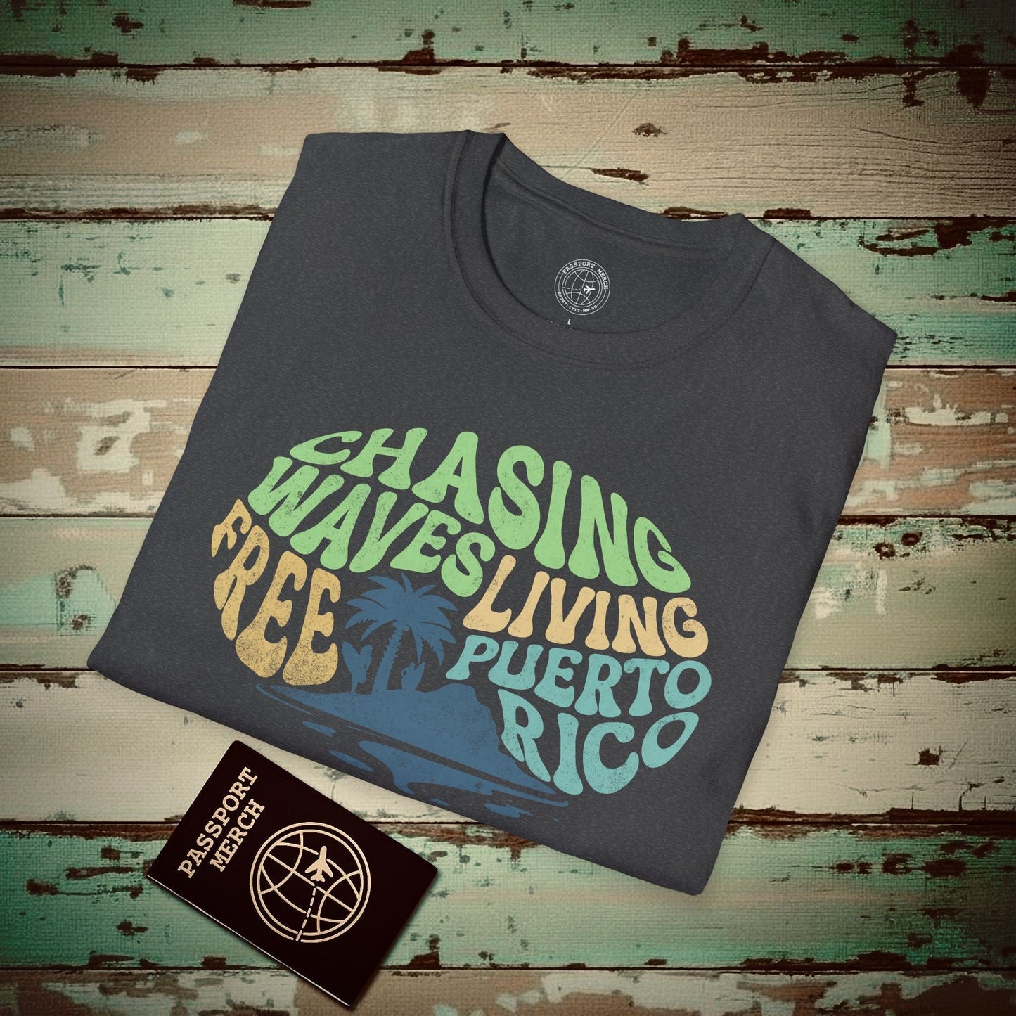 Chasing Waves Living Free Puerto Rico T-Shirt Dark Heather / S