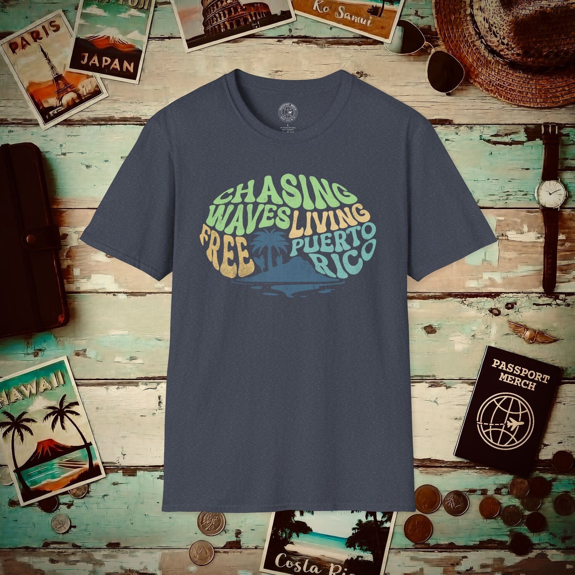 Chasing Waves Living Free Puerto Rico T-Shirt Heather Navy / S