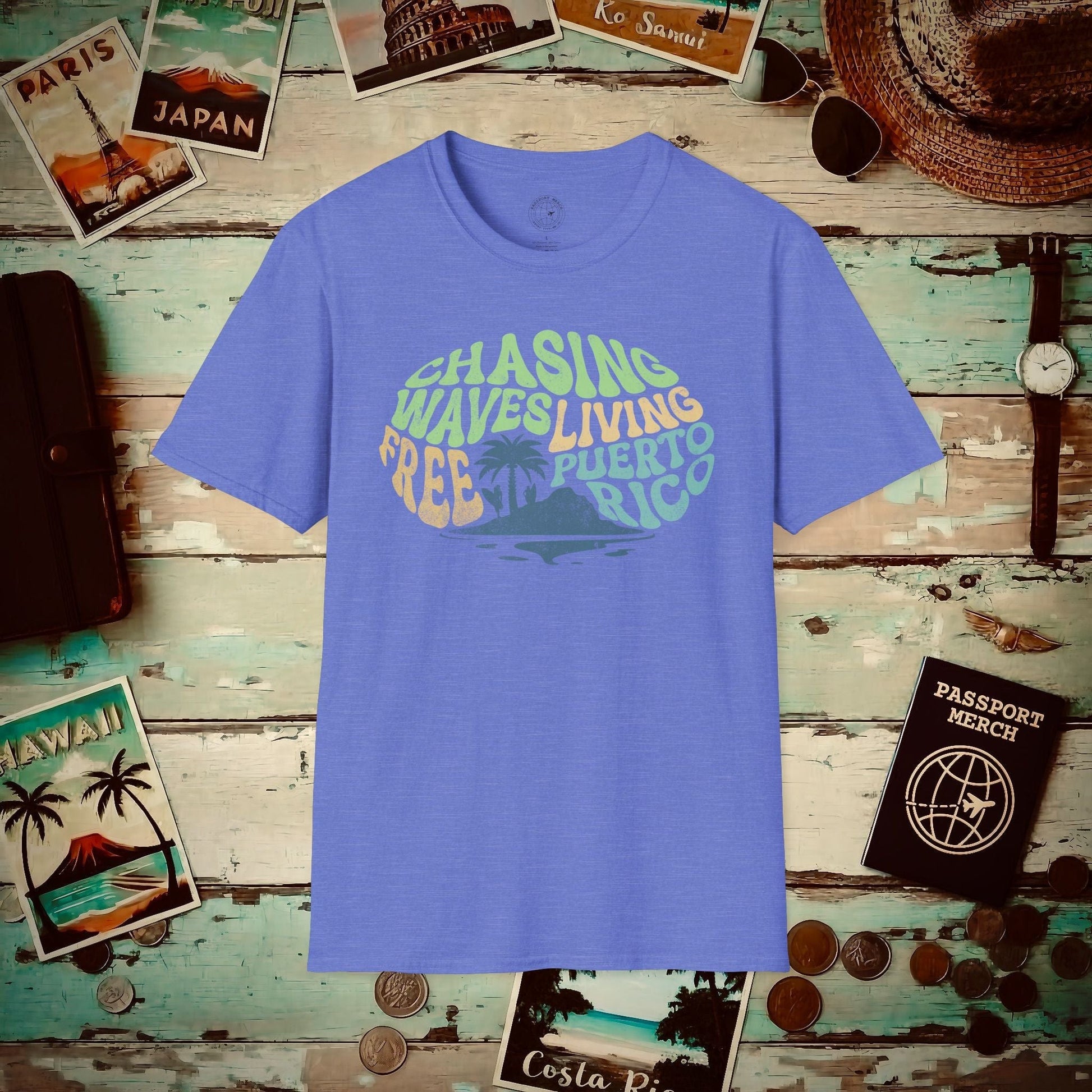 Chasing Waves Living Free Puerto Rico T-Shirt Heather Royal / S