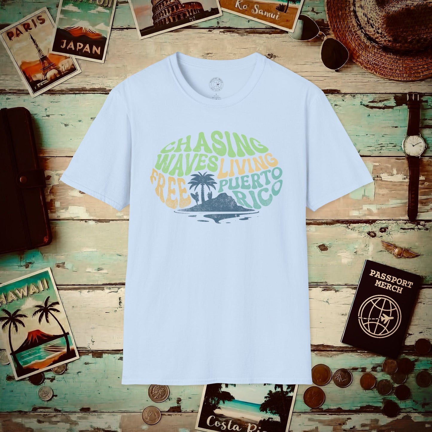 Chasing Waves Living Free Puerto Rico T-Shirt Light Blue / S