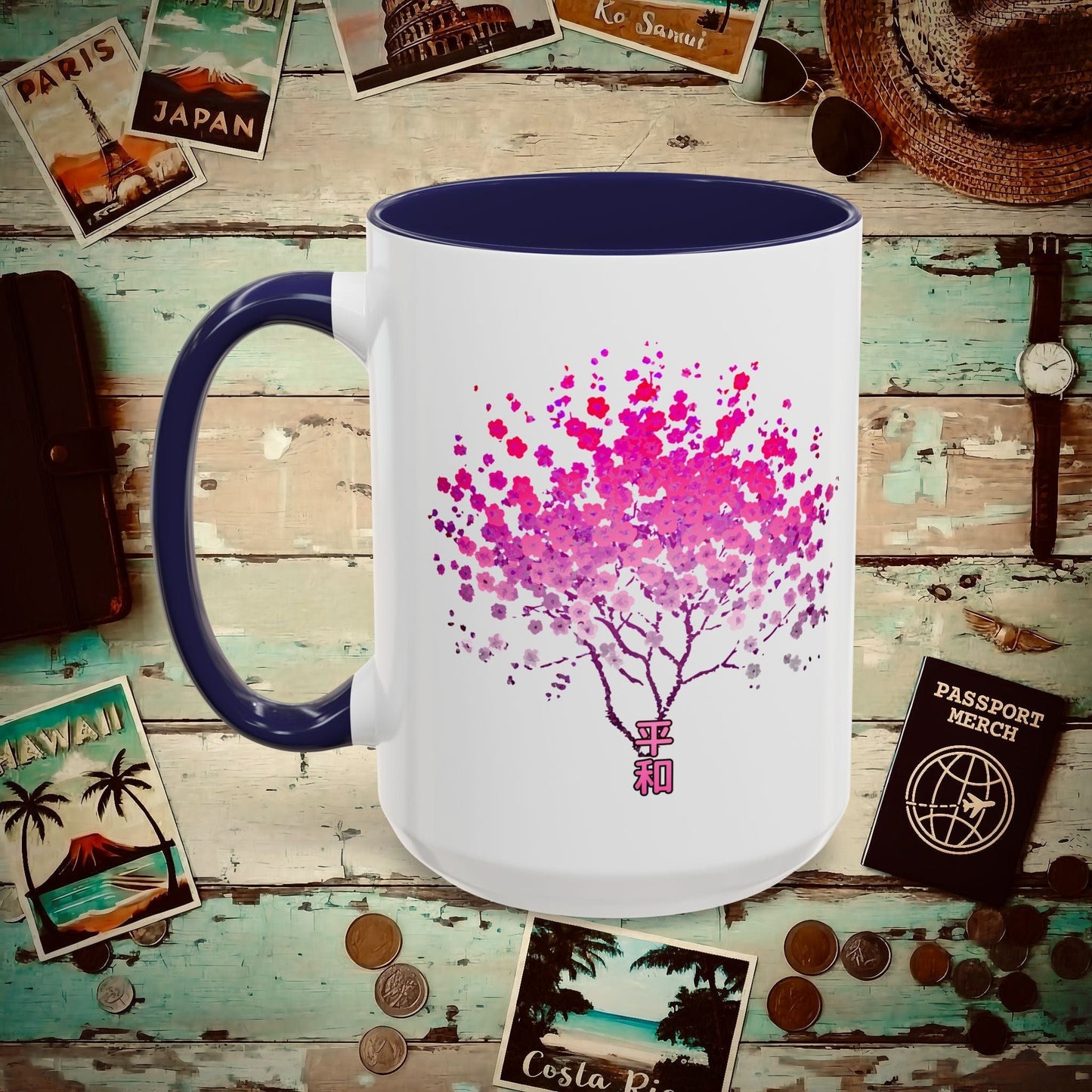 Cherry Blossoms Growing from Peace Japan 15oz Mug Navy / 15oz