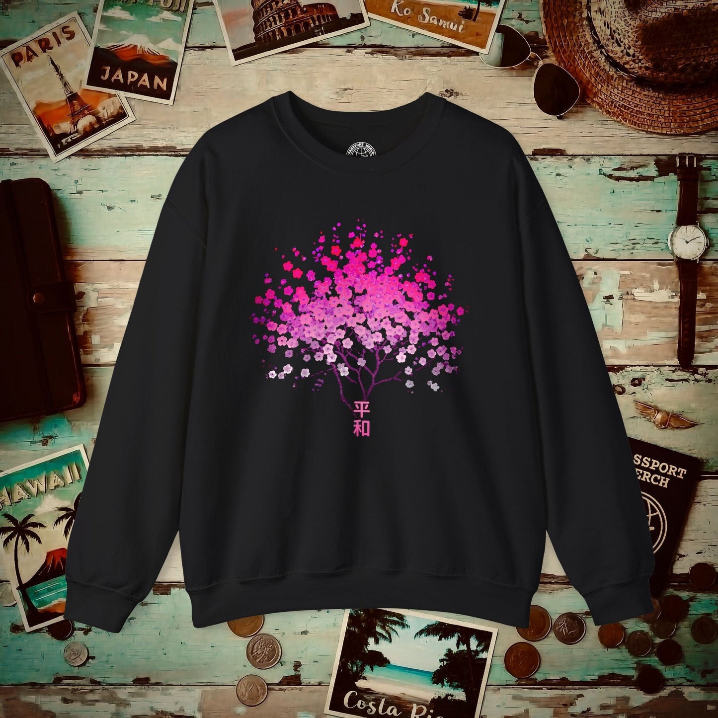Cherry Blossoms Growing from Peace Japan Crewneck Black / S