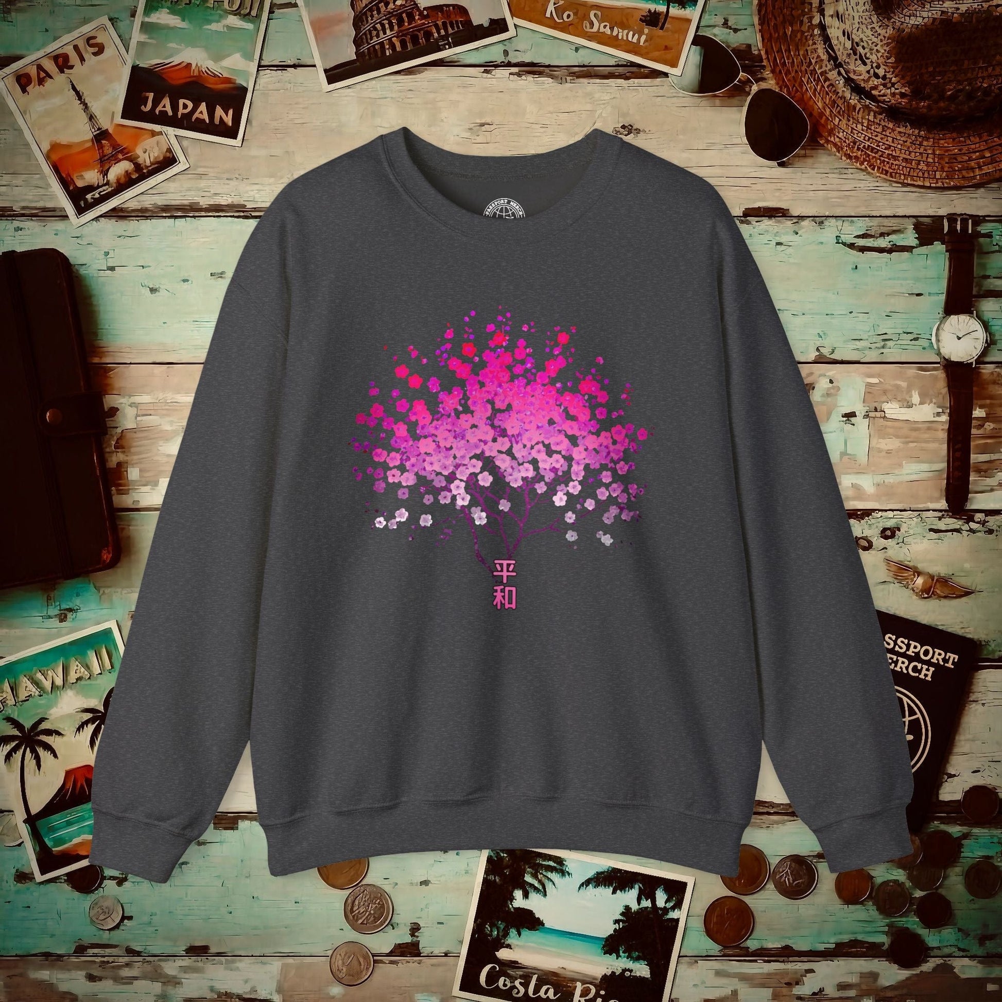 Cherry Blossoms Growing from Peace Japan Crewneck Dark Heather / S