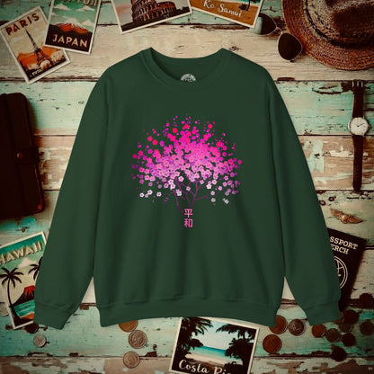 Cherry Blossoms Growing from Peace Japan Crewneck Forest Green / S