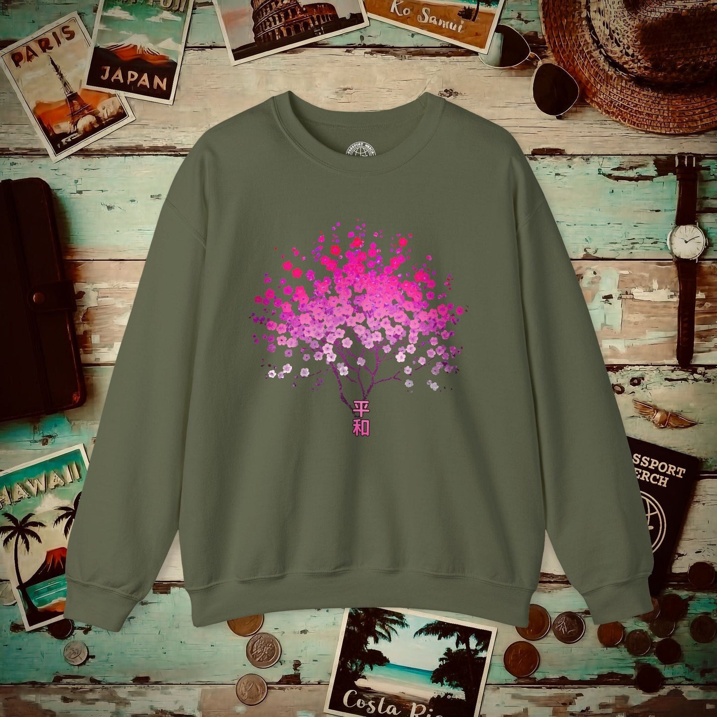 Cherry Blossoms Growing from Peace Japan Crewneck Military Green / S