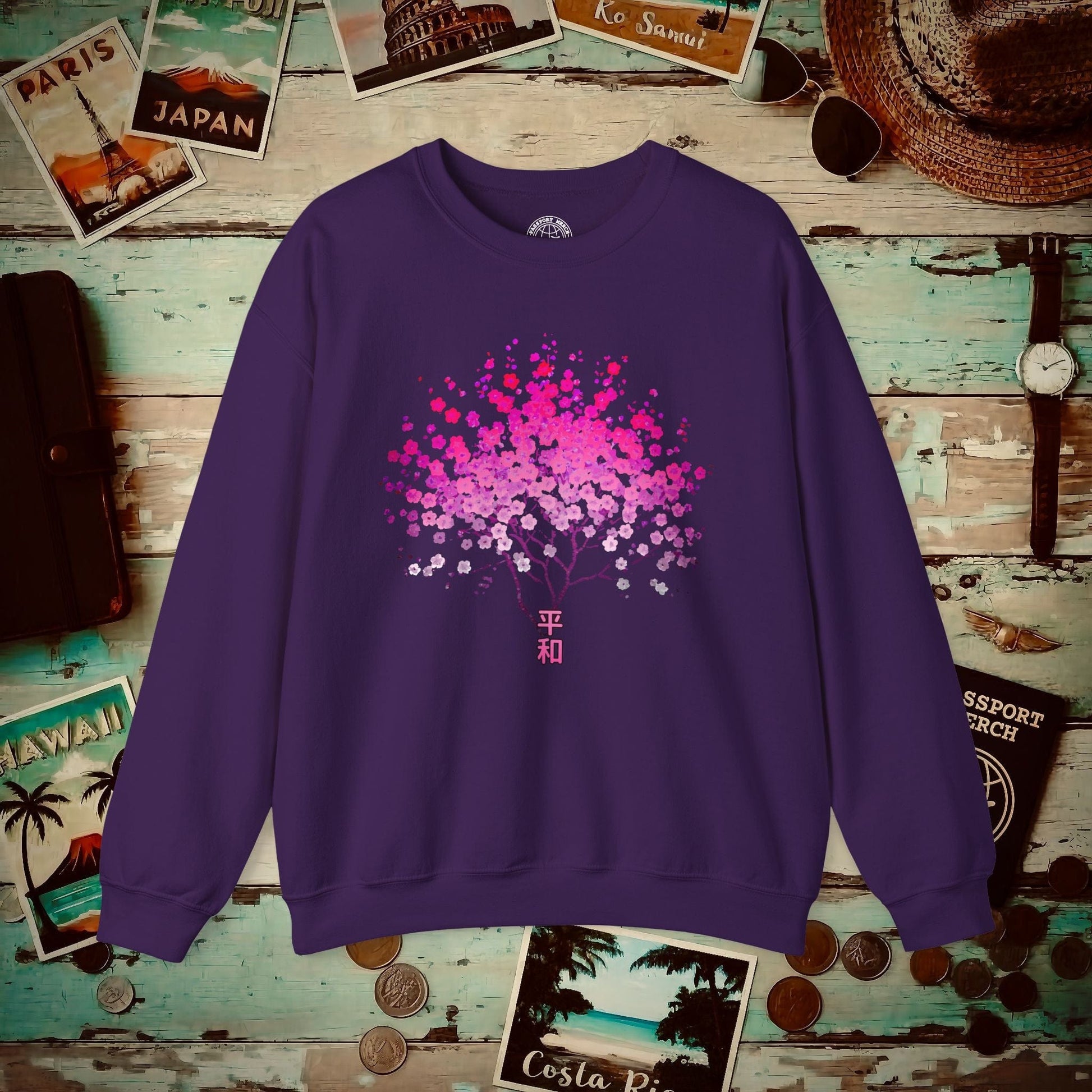 Cherry Blossoms Growing from Peace Japan Crewneck Purple / S