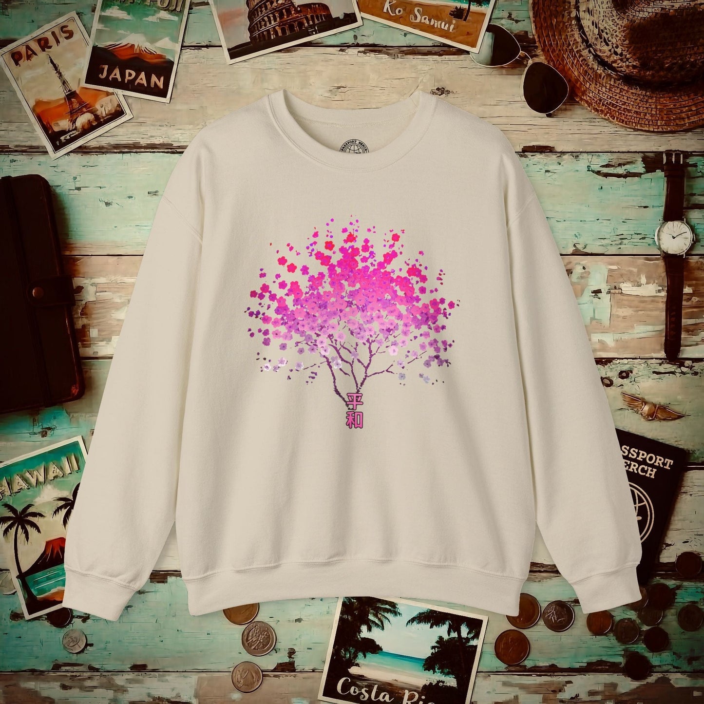 Cherry Blossoms Growing from Peace Japan Crewneck Sand / S
