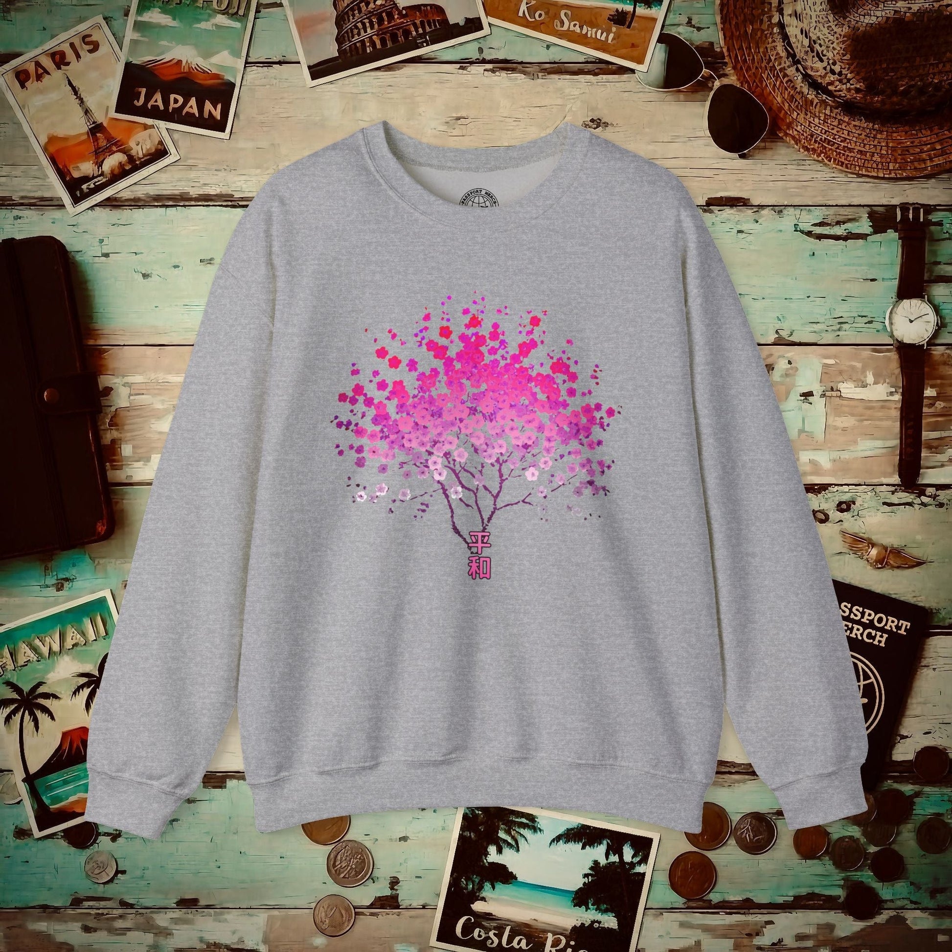 Cherry Blossoms Growing from Peace Japan Crewneck Sport Grey / S