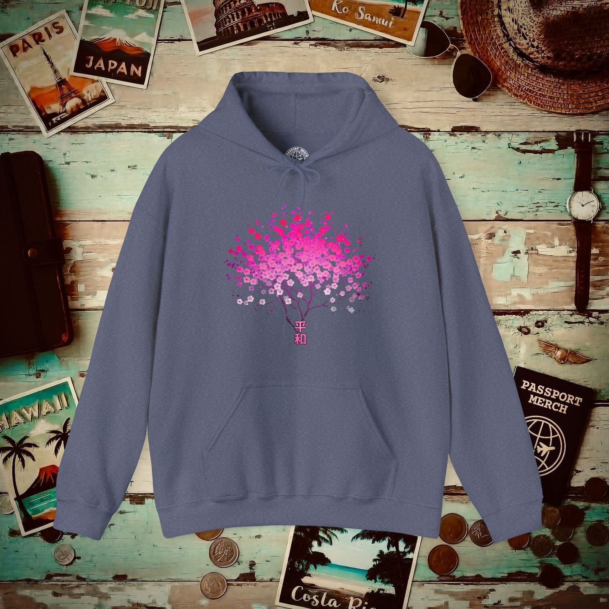 Cherry Blossoms Growing from Peace Japan Hoodie Heather Navy / S