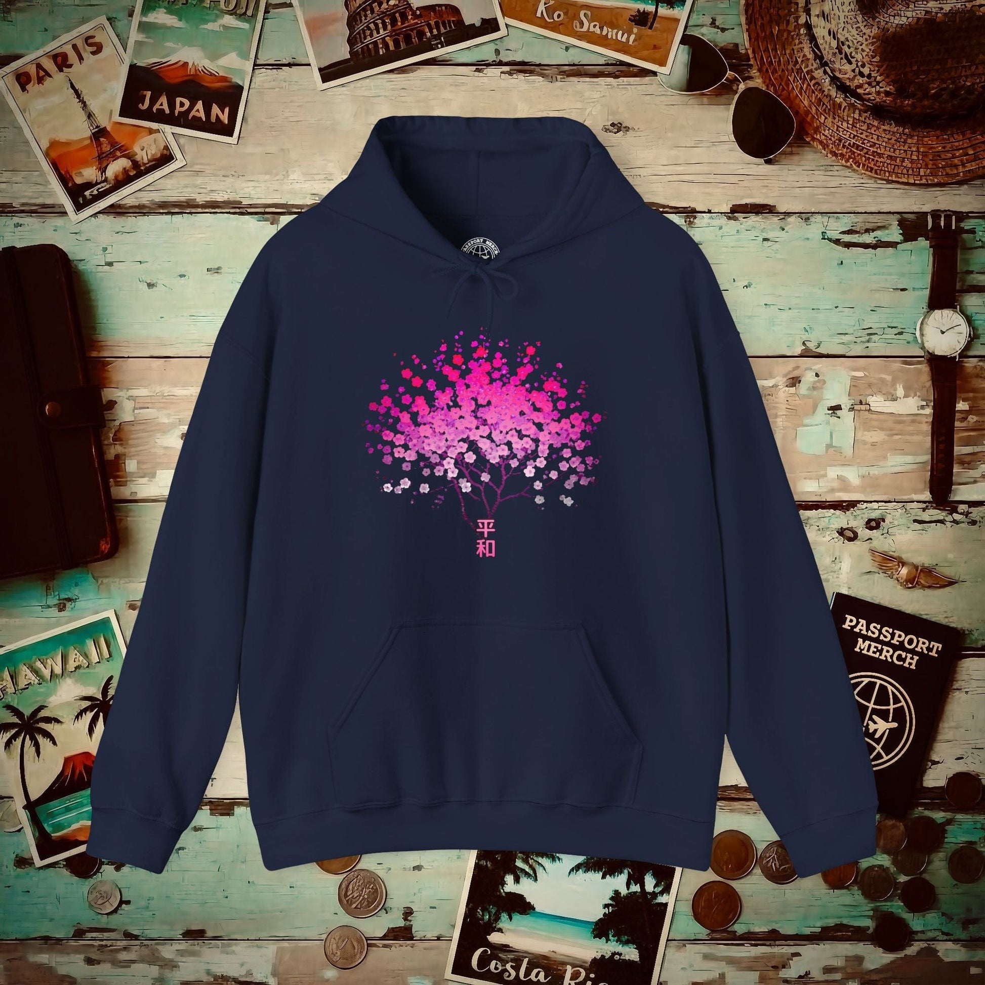 Cherry Blossoms Growing from Peace Japan Hoodie Navy / S