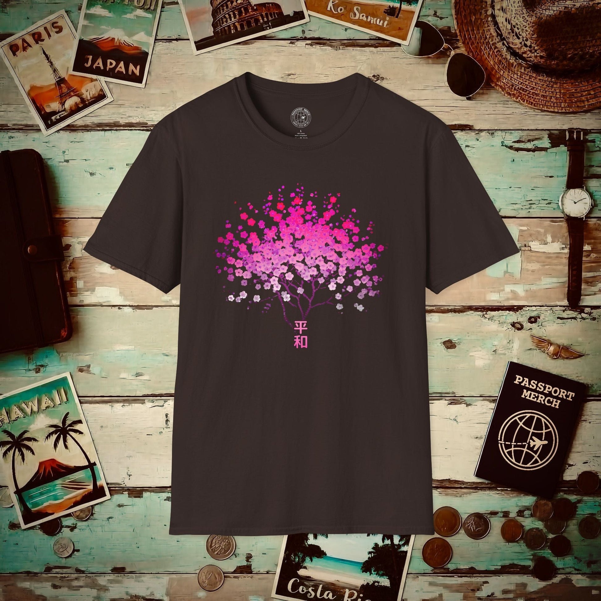 Cherry Blossoms Growing from Peace Japan T-Shirt Dark Chocolate / S