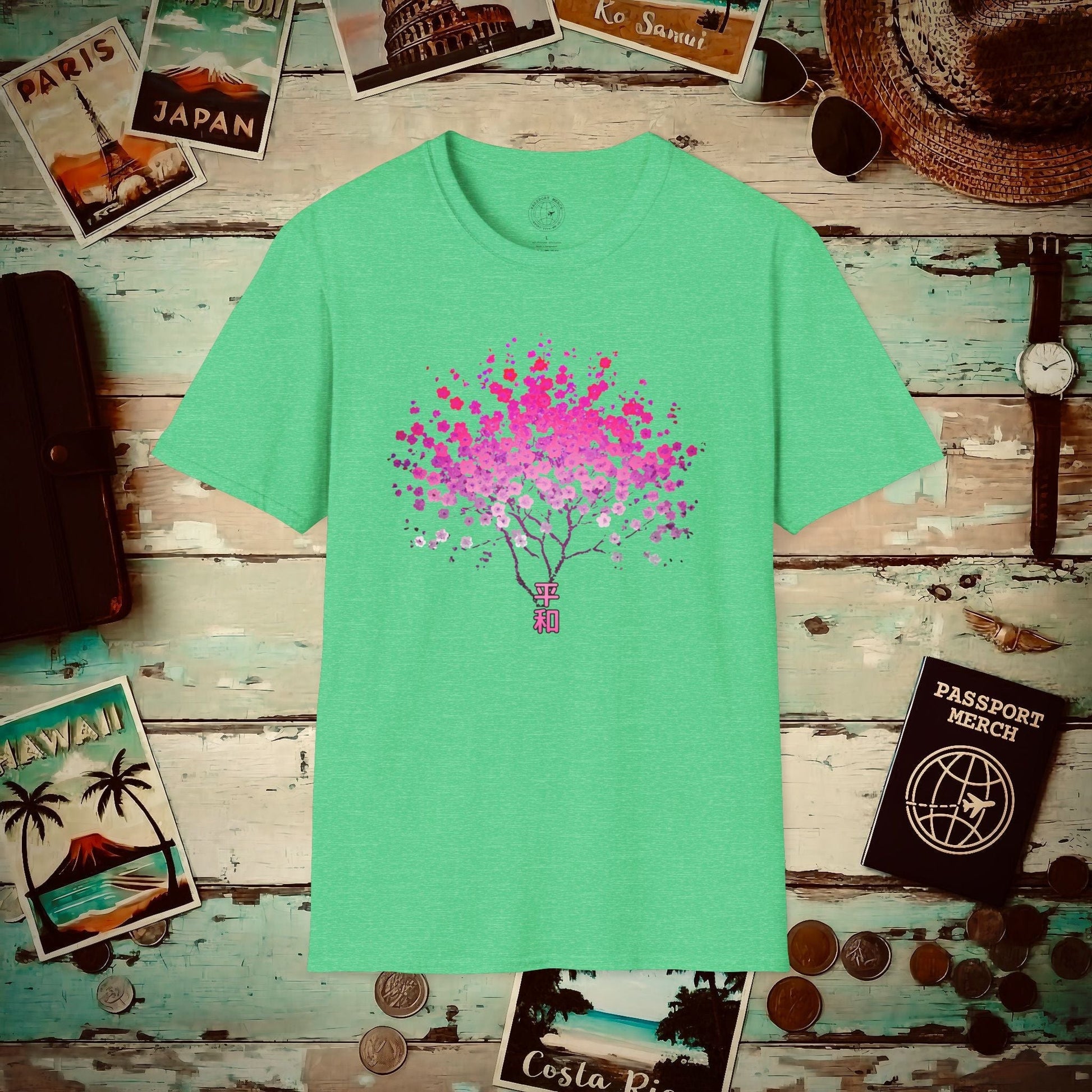 Cherry Blossoms Growing from Peace Japan T-Shirt Heather Irish Green / S